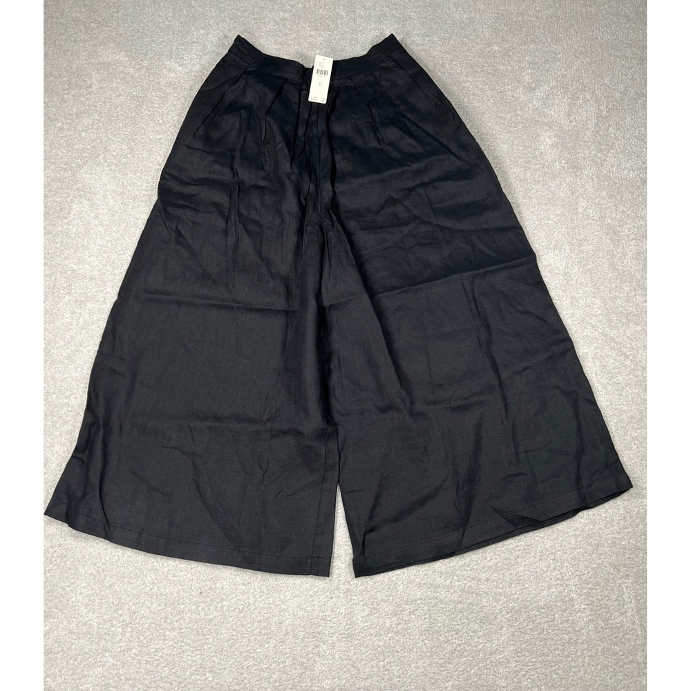 Anthropologie Linen Pleated Culotte Trousers XS Black Wide Leg Cropped Pants NEW - Picture 4 of 13